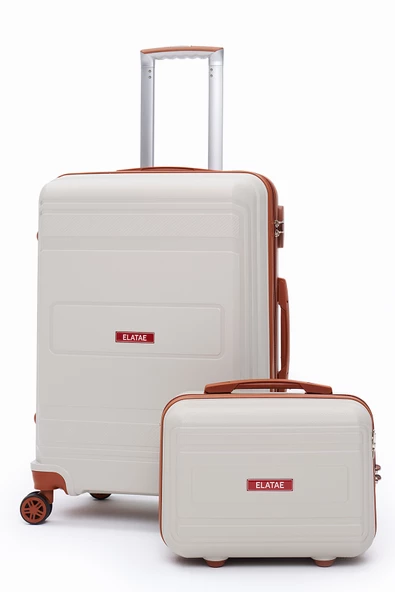 Elatae Premium Polipropilen Kırılmaz 2'li Valiz Seti Orta Boy ve Makyaj 2'li Set Bej - Camel V305