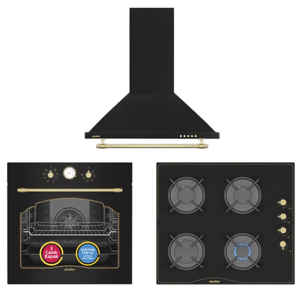 Simfer 8 Fonksiyon Retro Siyah Multi Turbo 3'lü Ankastre Set (7349 Fırın + 3325 Ocak + 9612 Davlumbaz) ürün görseli 1