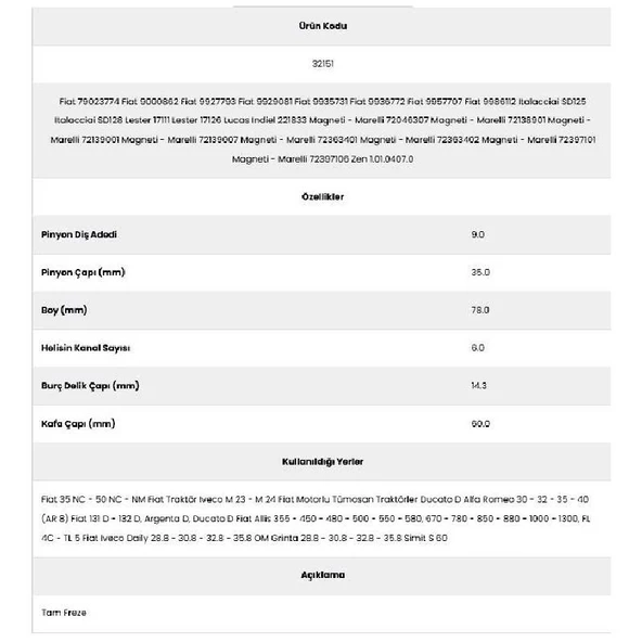 Form Metal 32151 Fiat Traktör 6 Kanal 9 Diş 79023774 Marş Dişlisi - 2