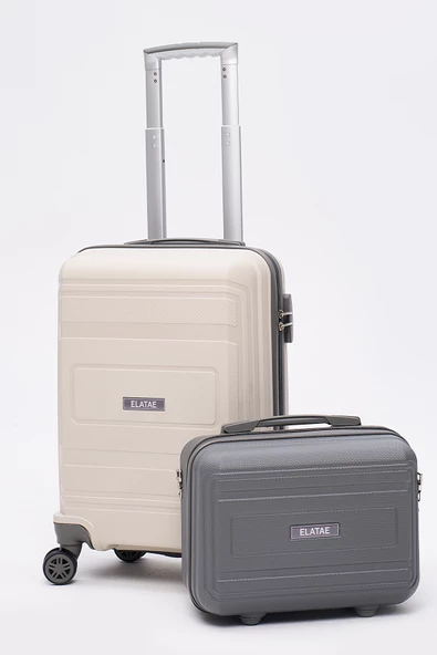 Elatae Premium Polipropilen Kırılmaz 2'li Valiz Seti Kabin Boy ve Makyaj 2'li Set Bej - Antrasit V305 ürün görseli