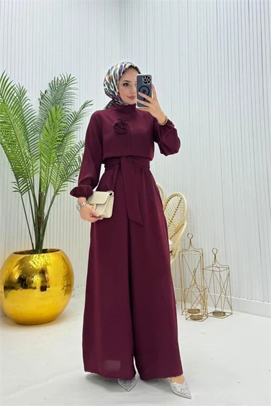 Dipmoda kadın bordo kuşaklı gül detaylı salaş tulum DPMS003 - 3