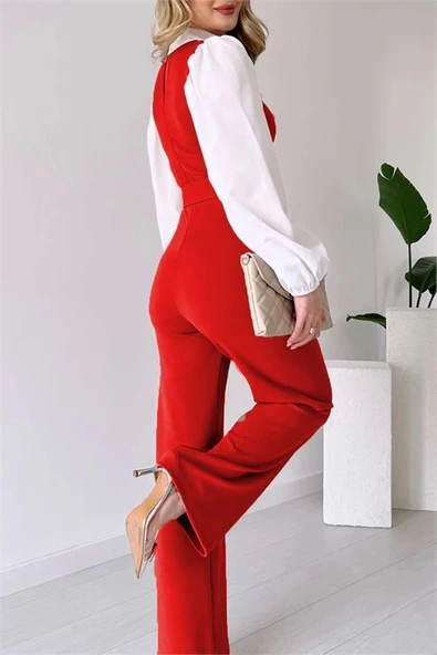 Dipmoda kadın kırmızı kemerli gömlek detaylı likralı tulum DPK2063 - 3