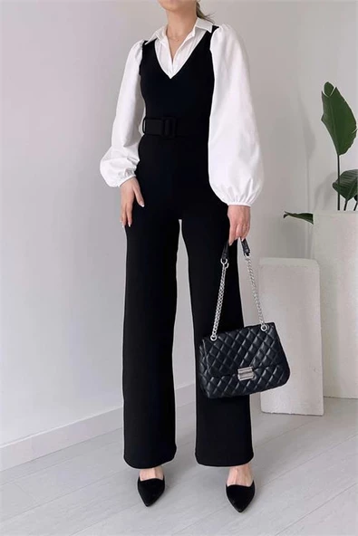 Dipmoda kadın siyah kemerli gömlek detaylı likralı tulum DPK2063 - 3