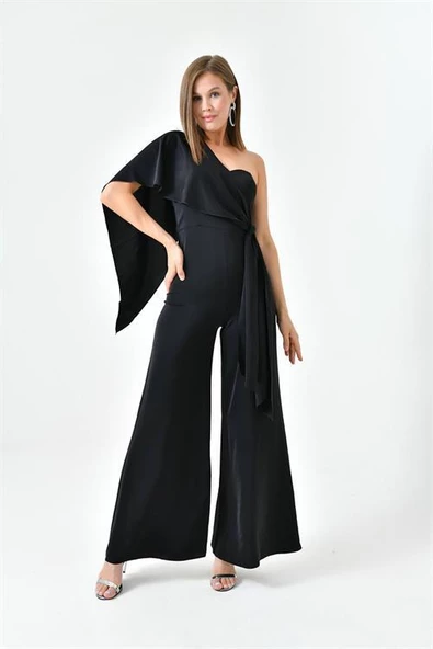 Dipmoda kadın siyah kuşaklı straplez abiye tulum DPS9355