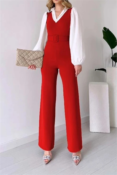 Dipmoda kadın kırmızı kemerli gömlek detaylı likralı tulum DPK2063