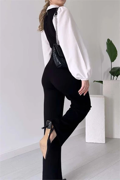 Dipmoda kadın siyah kemerli gömlek detaylı likralı tulum DPK2063 - 4