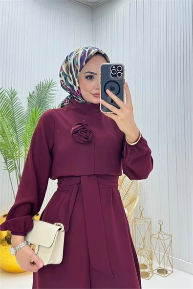 Dipmoda kadın bordo kuşaklı gül detaylı salaş tulum DPMS003 - 2
