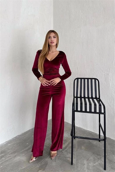 Dipmoda kadın V-yaka büzgü detaylı kadife tulum DPK2197 - 2