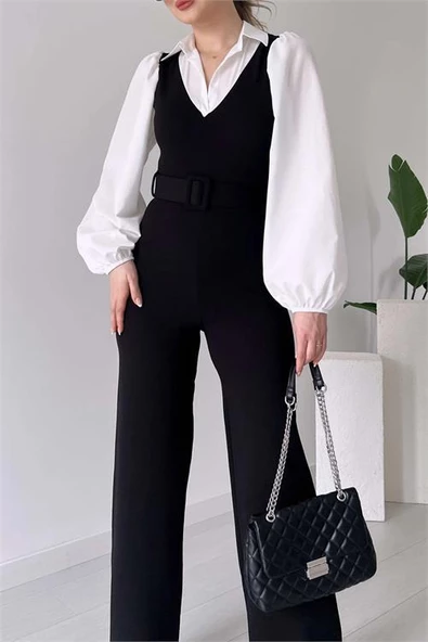 Dipmoda kadın siyah kemerli gömlek detaylı likralı tulum DPK2063 - 2