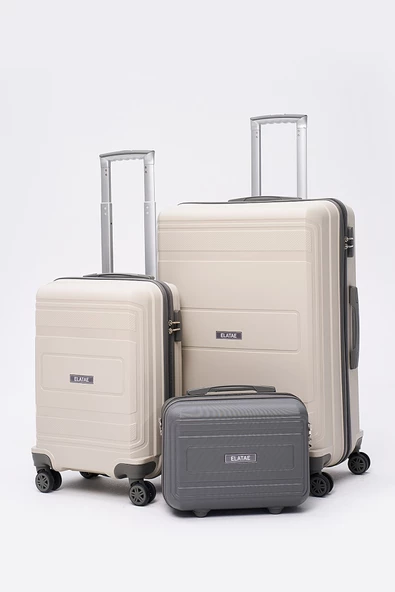 Elatae Premium Poliropilen Kırılmaz 3'lü Valiz Seti Büyük - Kabin Boy ve Makyaj Bej - Antrasit V305 ürün görseli