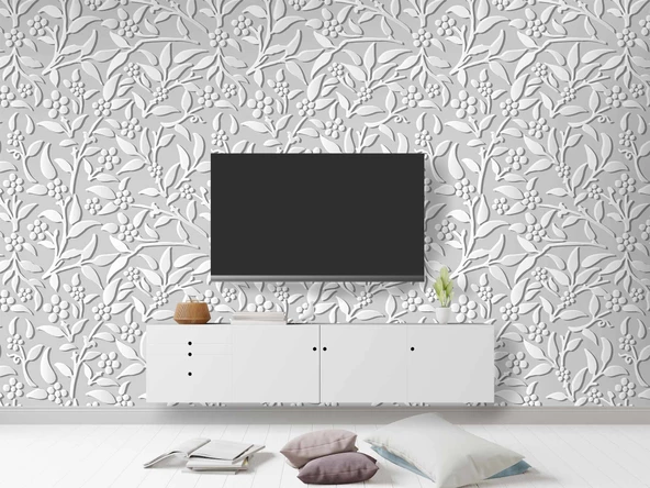 3 Boyutlu Gri Çiçek Desenli Duvar Kağıdı - 3