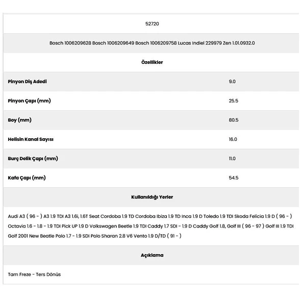 Form Metal 52720 Felicia 16 Kanal 9 Diş 10062096 Marş Dişlisi - Resim 2