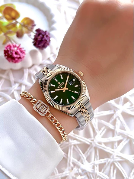 Wesse Çelik Kordon Takvimli Kadran 5 Atm Suya Dayanıklı Kadın Kol Saati+Bileklik BW.1115B.GS - Resim 2