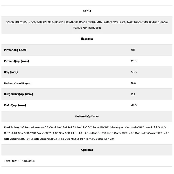 Form Metal 52734 Caravella 10 Kanal 9 Diş 10062101 Marş Dişlisi - Resim 2