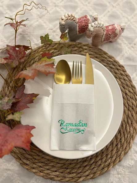 Yeşil Yaldızlı Beyaz Cepli Ramadan Karem Peçete 12 Adet 40x40