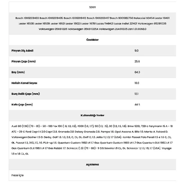 Form Metal 53611 Ford 10 Kanal 9 Diş 10062094 Marş Dişlisi - 2