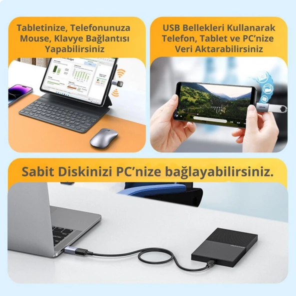 Polham Jazos Type-C to USB 3.1 OTG Dönüştürücü Adaptör, 10 Gbps Veri Aktarım, Mini USB Çevirici - 3