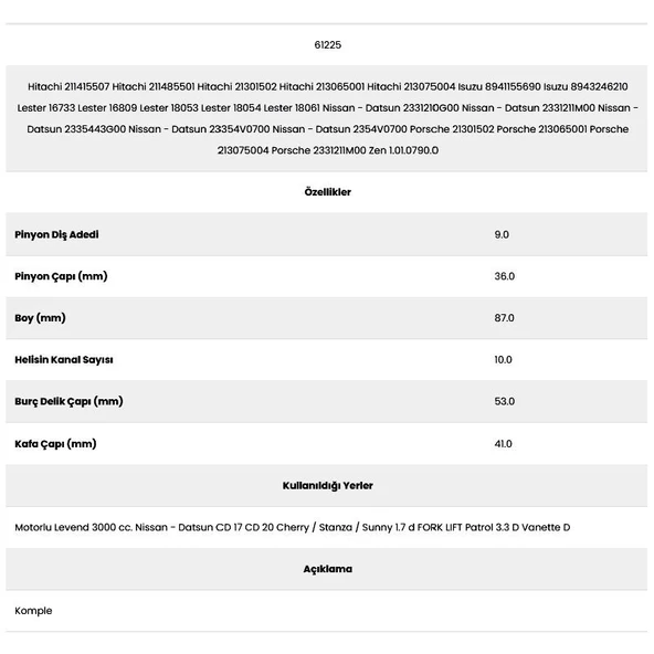 Form Metal 61225 Nissan 10 Kanal 9 Diş 7152250 Marş Dişlisi - Resim 2