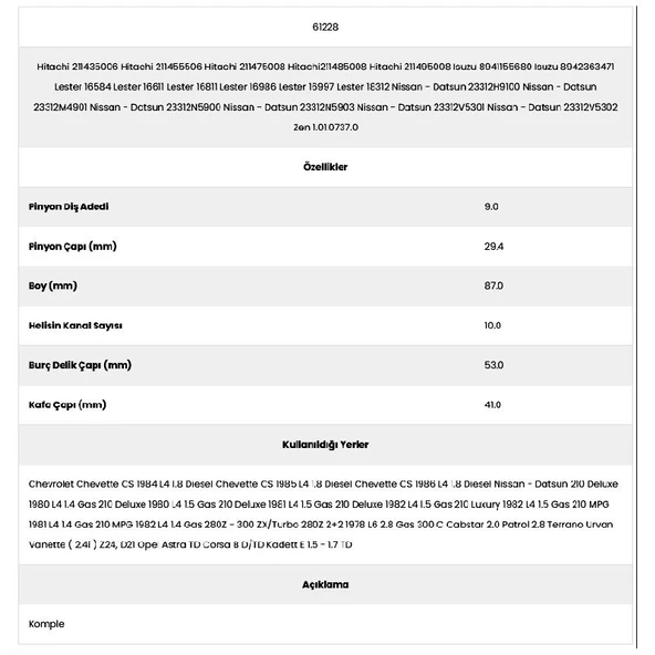 Form Metal 61228 Chevrolet 10 Kanal 9 Diş 71561228 Marş Dişlisi - 2