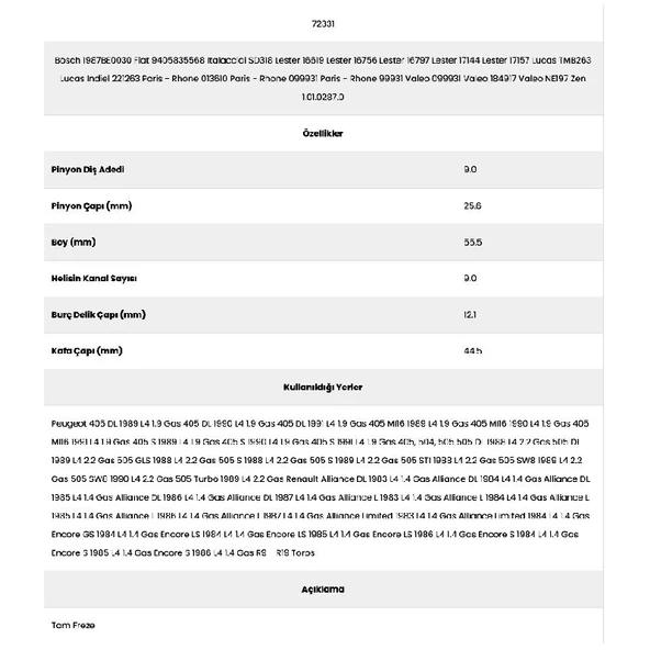 Form Metal 72331 Peugeot 9 Kanal 9 Diş 1987Be00 Marş Dişlisi - Resim 2