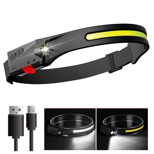 PS-001 5 Aydınlatma Modlu COB LED Sensörlü USB Şarj  Edilebilir Dahili Pilli Kafa Lambası - 4
