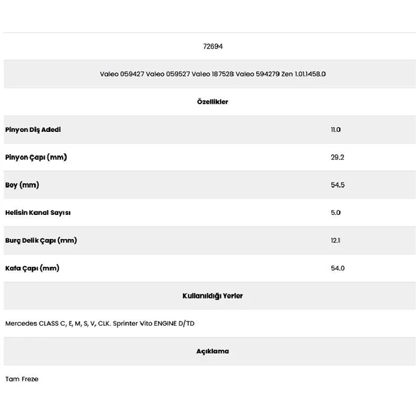 Form Metal 72694 Vito 5 Kanal 11 Diş Pg1458 0 Marş Dişlisi - 2