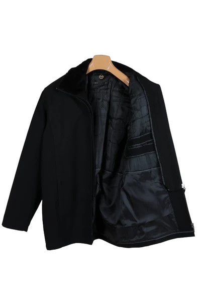 Erkek Çift Yaka Yakası Kürklü Siyah Kaşe Kaban RAR01271 - 6