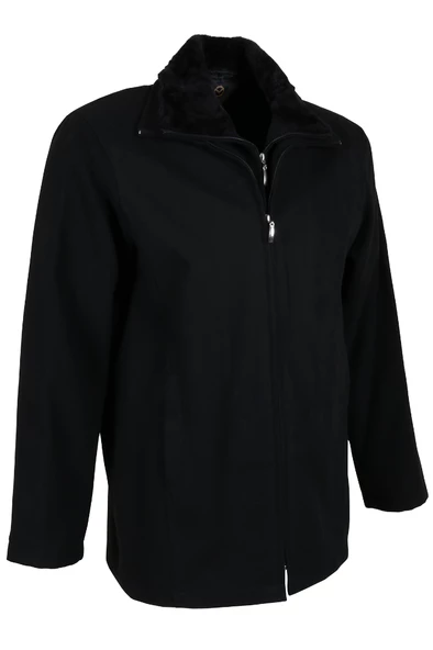 Erkek Çift Yaka Yakası Kürklü Siyah Kaşe Kaban RAR01271 - 2