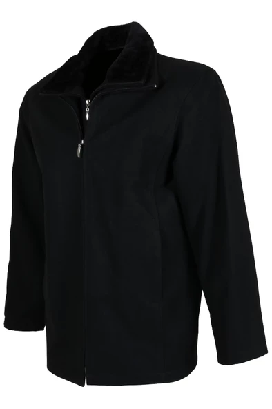 Erkek Çift Yaka Yakası Kürklü Siyah Kaşe Kaban RAR01271 - 3