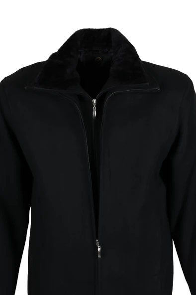 Erkek Çift Yaka Yakası Kürklü Siyah Kaşe Kaban RAR01271 - 4