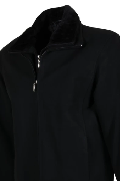 Erkek Çift Yaka Yakası Kürklü Siyah Kaşe Kaban RAR01271 - 5