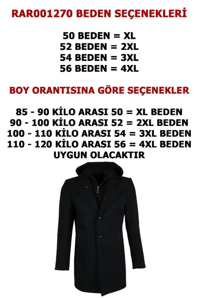 Erkek Kapşonlu Büyük Beden Siyah Kaşe Kaban RAR01270 - 8