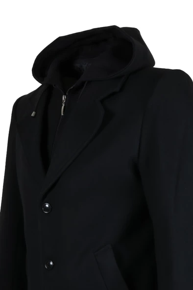 Erkek Kapşonlu Büyük Beden Siyah Kaşe Kaban RAR01270 - 5