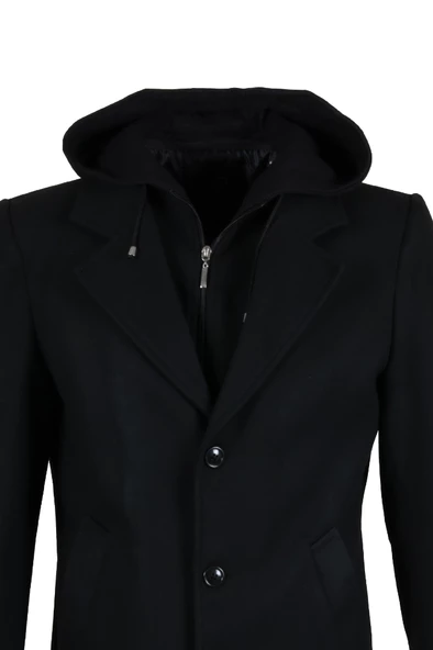 Erkek Kapşonlu Büyük Beden Siyah Kaşe Kaban RAR01270 - 4