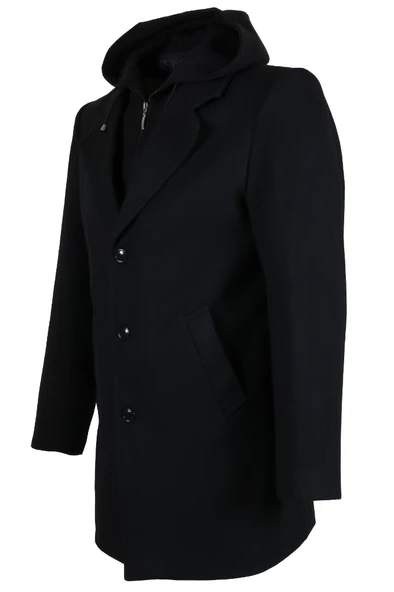 Erkek Kapşonlu Büyük Beden Siyah Kaşe Kaban RAR01270 - 3