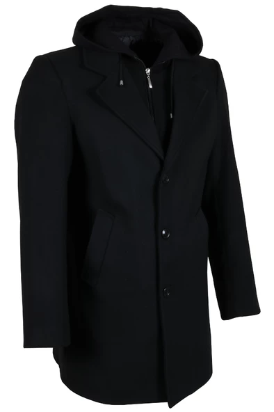 Erkek Kapşonlu Büyük Beden Siyah Kaşe Kaban RAR01270 - 2