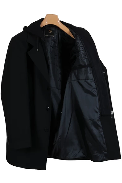 Erkek Kapşonlu Büyük Beden Siyah Kaşe Kaban RAR01270 - 6