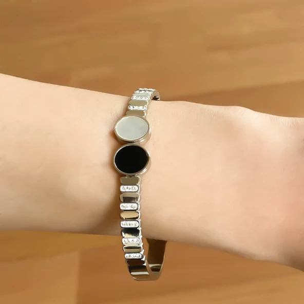 BZ 316L Çelik Zirkon Taşlı Siyah Beyaz Kadın Spor Kelepçe BLZ-417 - 2