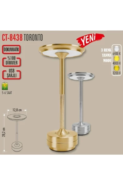 Cata Şarjlı Ledli Toronto Masa Lambası Krom 3 Renk Işık Abajur - 2