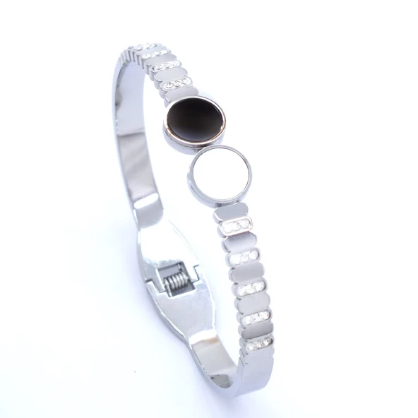 BZ 316L Çelik Zirkon Taşlı Siyah Beyaz Kadın Spor Kelepçe BLZ-417 - 3