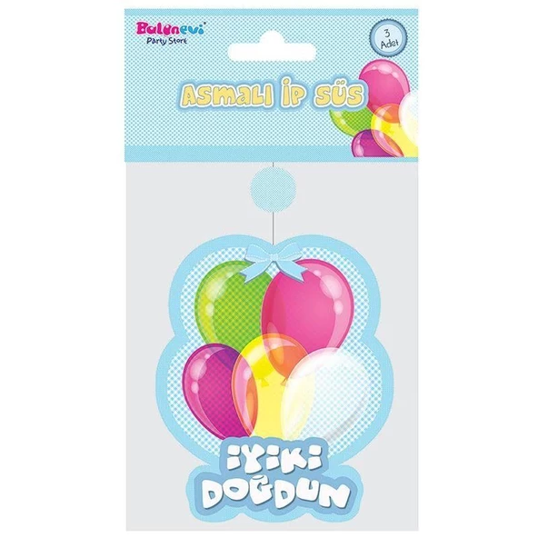 İyiki Doğdun Yazılı Asmalı İp Süs Mavi Renk 3 lü Set 12x45 cm - 3