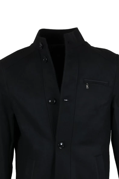 Erkek Hakim Yaka Reguler Fit Siyah Kaşe Kaban RAR01269 - 5
