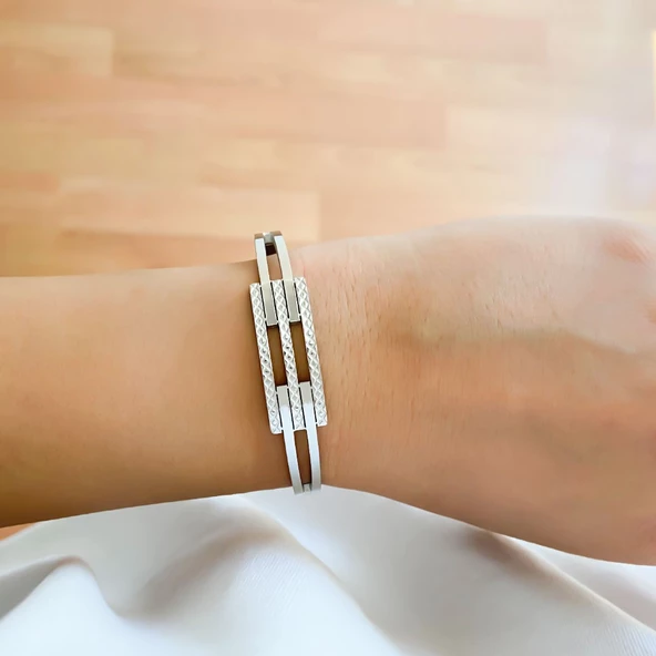 BZ 316L Çelik Kadın 2 Kollu Lazer İşlemeli Kaburga Kelepçe BLZ-336 - 2