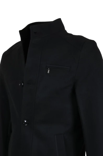 Erkek Hakim Yaka Reguler Fit Siyah Kaşe Kaban RAR01269 - 4