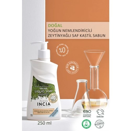 Incıa %100 Doğal Sıvı Kastil Sabunu Yoğun Nemlendirici Zeytinyağlı 10 Bitkisel Değerli Yağ Vegan 250 Ml