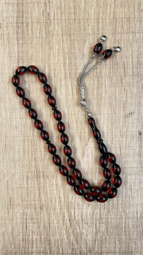 Pres Kehribar Tesbih Yuvarlak Kesim Sürmeli Kırmızı Renkli Metal Püsküllü - 4