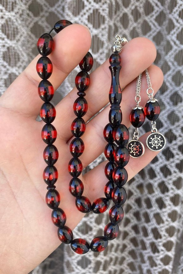 Pres Kehribar Tesbih Yuvarlak Kesim Sürmeli Kırmızı Renkli Metal Püsküllü - 5