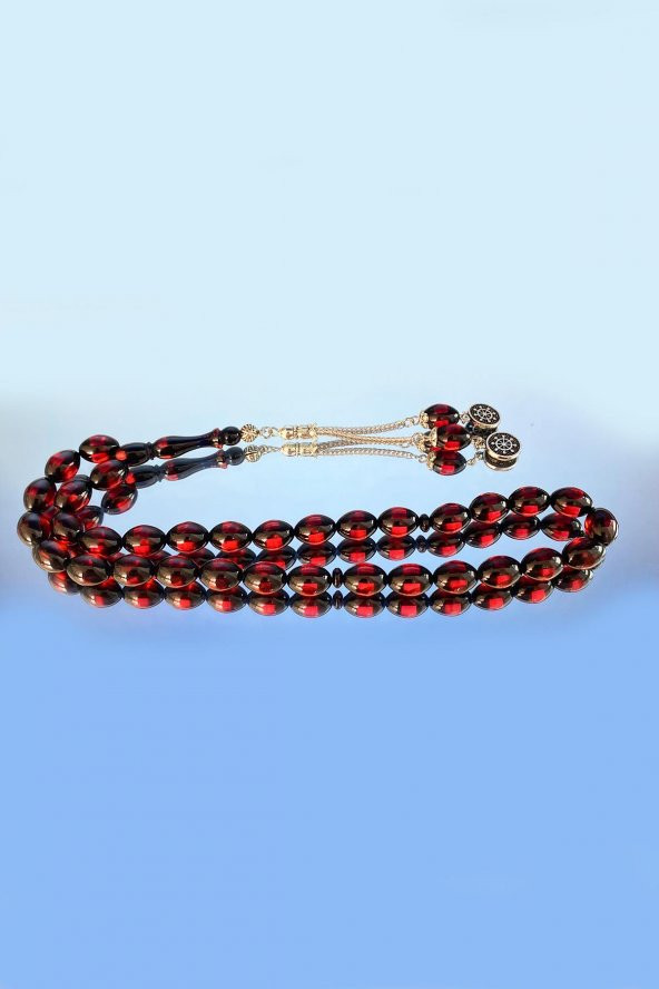 Pres Kehribar Tesbih Yuvarlak Kesim Sürmeli Kırmızı Renkli Metal Püsküllü - 7