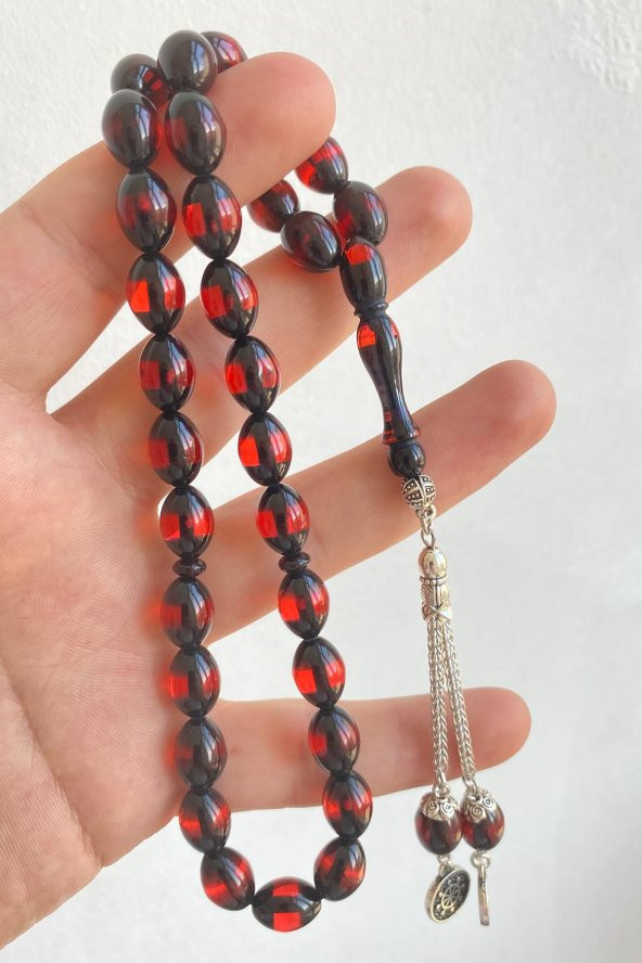 Pres Kehribar Tesbih Yuvarlak Kesim Sürmeli Kırmızı Renkli Metal Püsküllü - 9