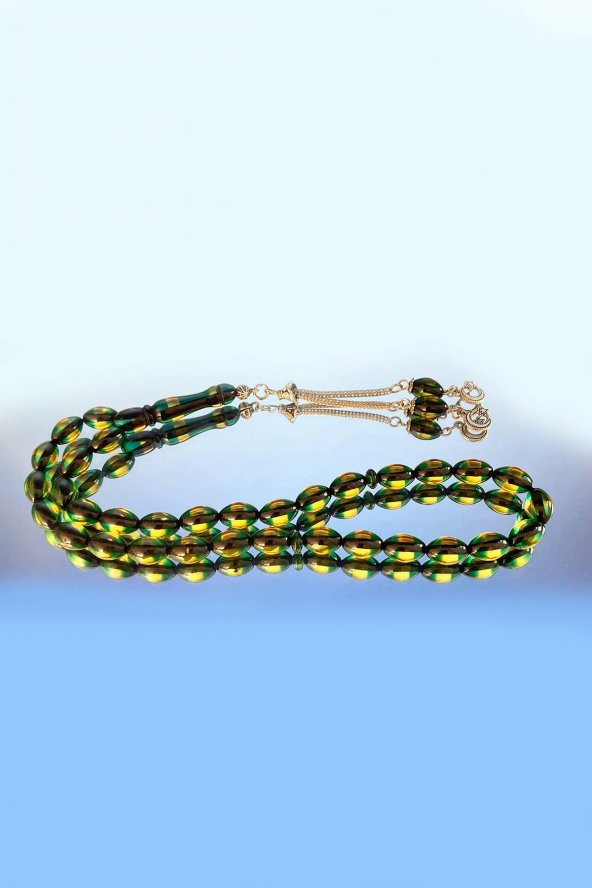 Çift Renkli  Yeşil Sarı Sürmeli Kehribar Tesbih Metal Püsküllü Misbah Misbaha Rosary Zikr - 7